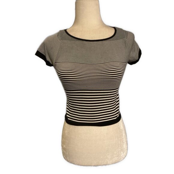 Bebe Black White Striped Nylon Crew Neck Short Sleeve Top T Shirt Xs Small - Picture 1 of 3
